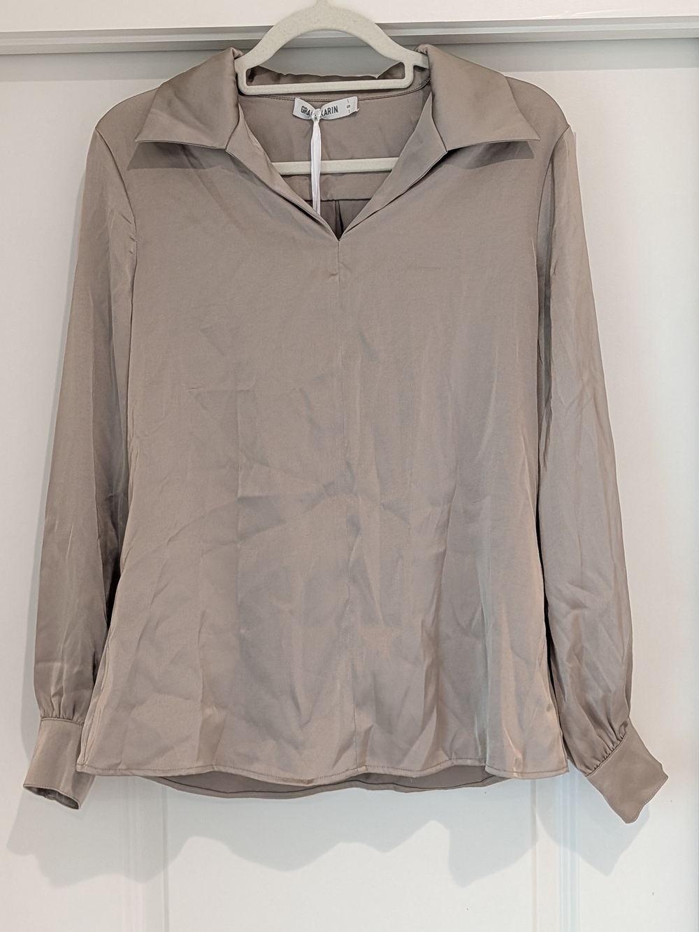 Grace Karin Neutral Taupe Collared V-Neck Long Sleeve Blouse